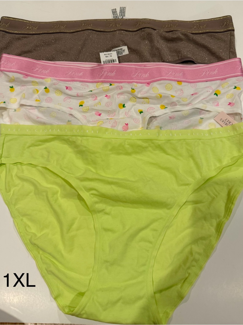 PINK Victoria's Secret 3-Pack Bikini Bottoms - Lime, Pink Print, Brown